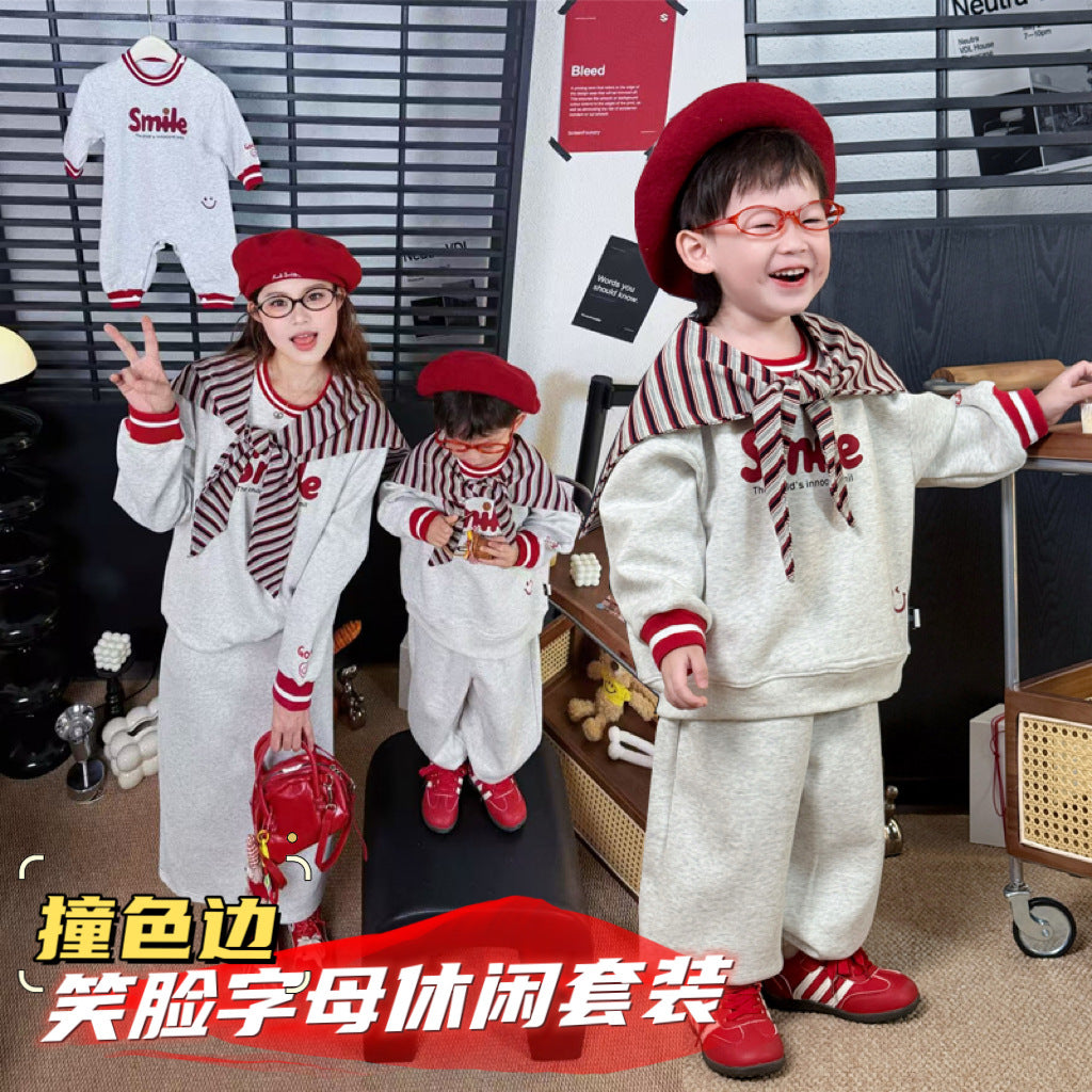 L25120403親子裝秋冬一家三口新生上班服洋氣媽媽女裝字母加絨衛衣套裝潮