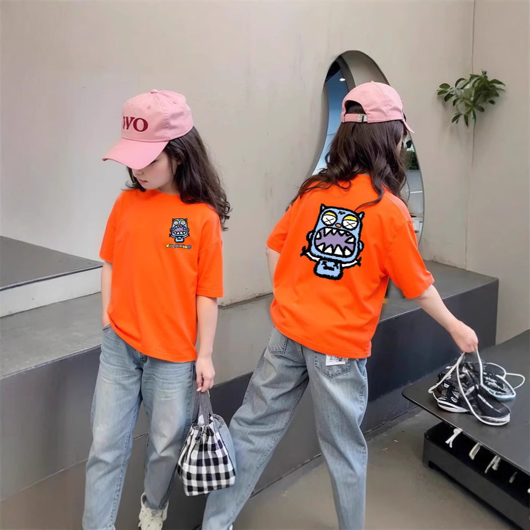 CE26022601女童夏季純棉短袖T潮流洋氣兒童休閒時尚上衣大童夏裝卡通T