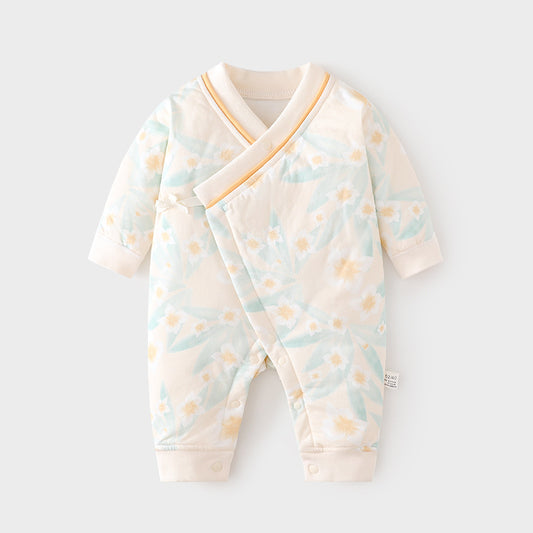 GJ25102112新生夾棉連身衣薄棉無骨哈衣秋季純棉初生40克蝴蝶寶寶爬衣