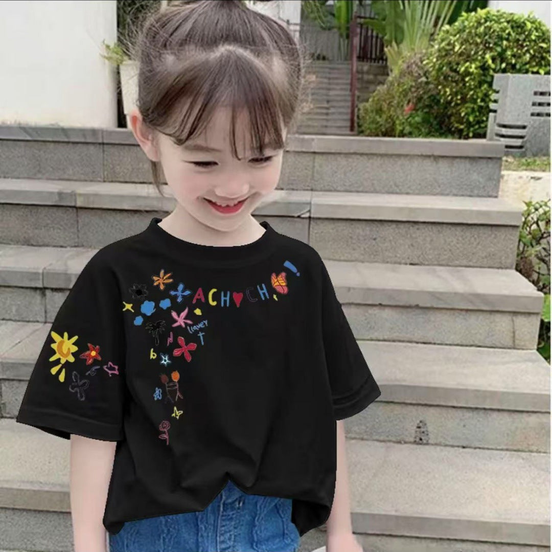 CE26022607女童純棉短袖夏季時尚兒童印花印花寬鬆百搭上衣中大童T卹半袖