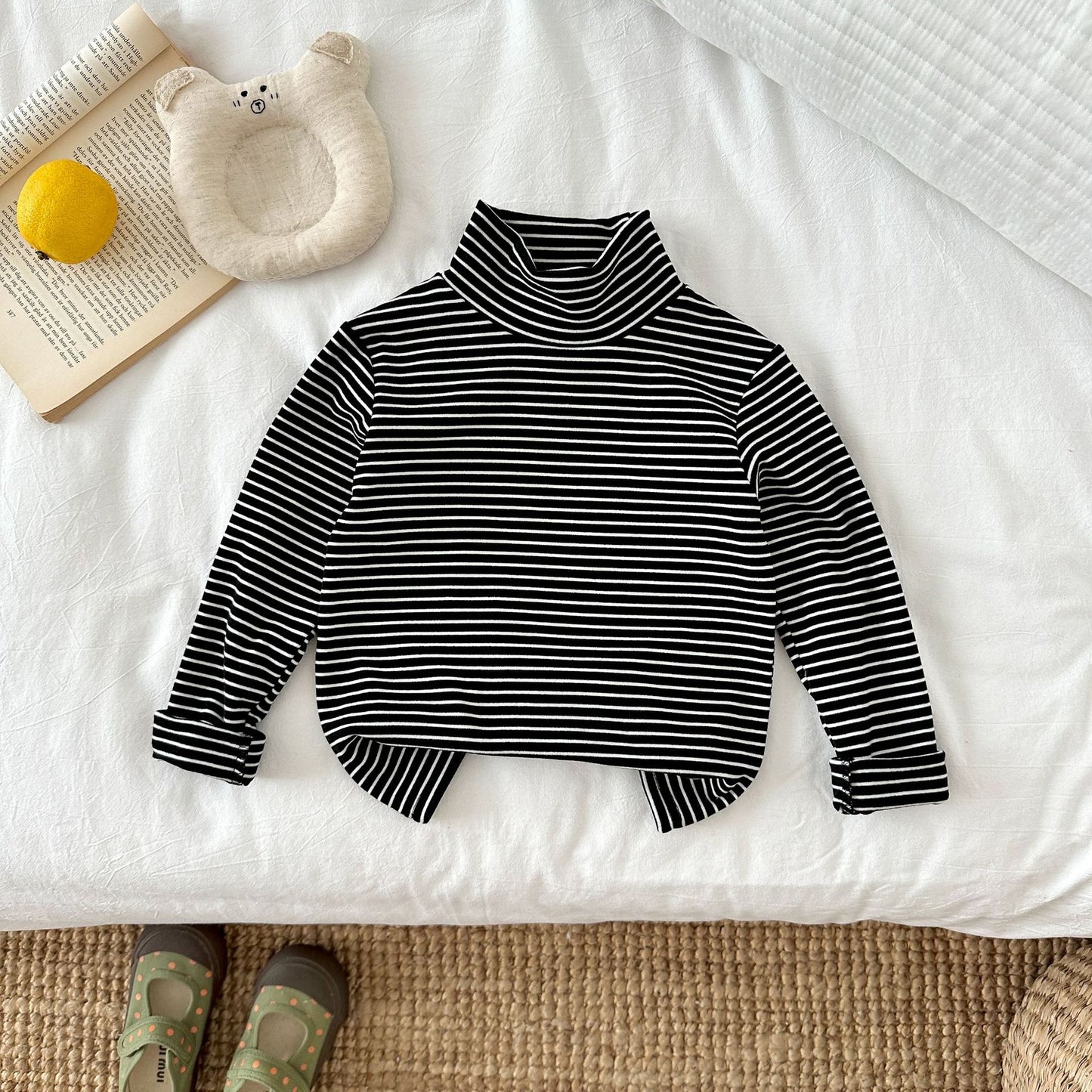 CA25112718秋冬兒童時尚條紋打底衫半高領德絨童裝長袖T卹內女孩搭保暖上衣