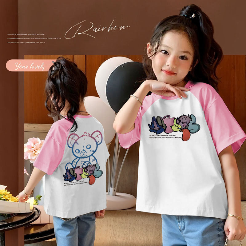 CE26022603女童純棉插肩拼色圓領短袖短袖季時尚中大童休閒百搭半袖上衣