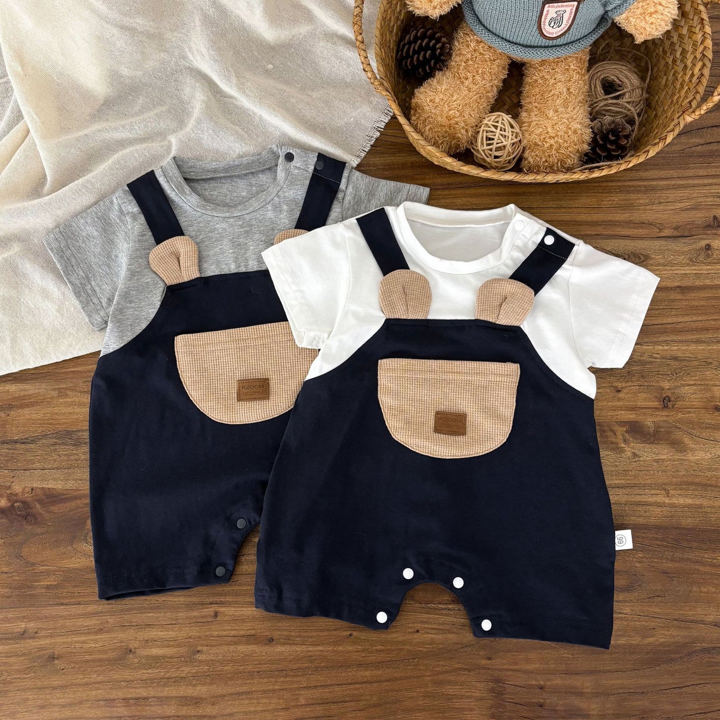 G25051402男童夏季套裝2025年新寶寶洋氣背帶圓領兒童夏裝帥氣休閒拼接爬服