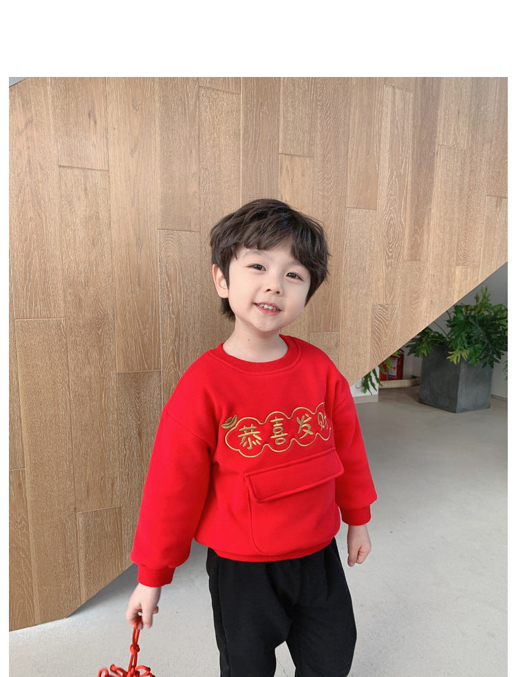 Z26010268寶寶衣服週歲寶寶冬季過年式衛衣女寶寶冬裙紅色拜年服