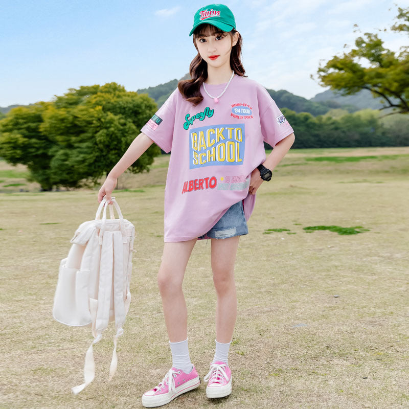 FE24070104女童夏裝短袖T2024年T恤新韓版洋氣中大童夏季網紅半袖上衣潮(9-12天到貨)
