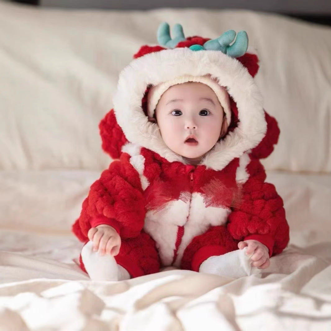 GM26010101寶寶冬季連身衣加絨加厚毛衣寶寶超喜紅色慶新年外穿爬爬服