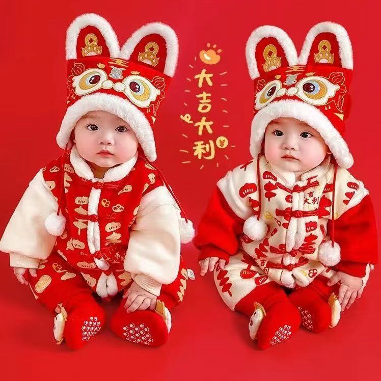 GM26010104嬰兒冬季加厚連身衣服寶寶滿月百天週歲禮服紅色喜慶拜年服棉服秋
