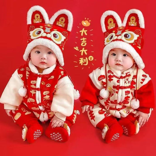 GM26010104嬰兒冬季加厚連身衣服寶寶滿月百天週歲禮服紅色喜慶拜年服棉服秋