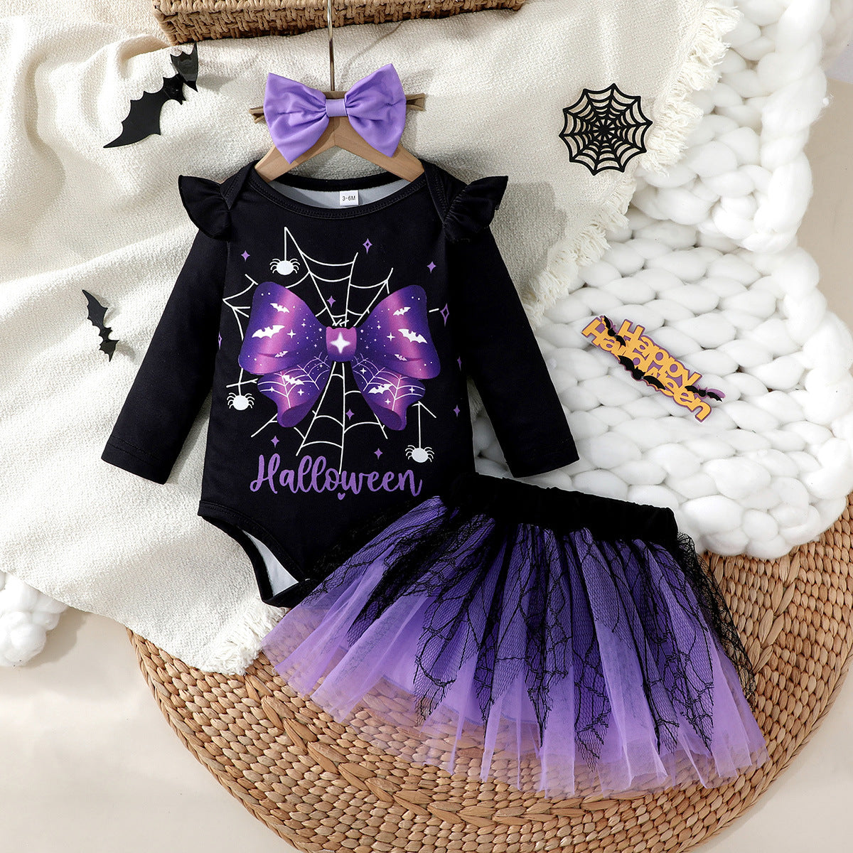 Z25091118邊境萬聖節女嬰嬰幼兒秋季長袖蝴蝶印花連身哈衣+半身裙網紗裙