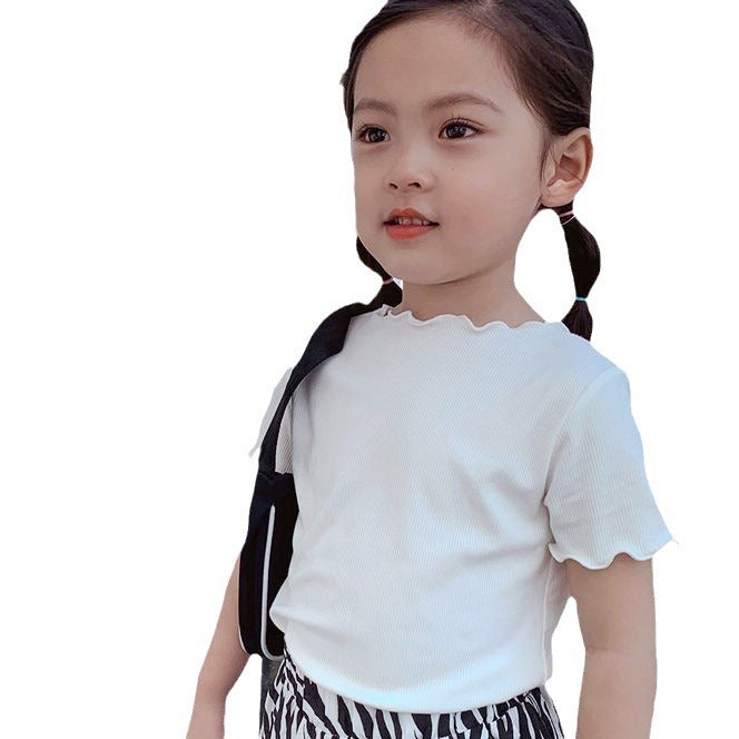 Z25030908女童冰絲短袖T恤新款寶寶夏季薄款百搭木耳邊中小童上衣打底衫潮