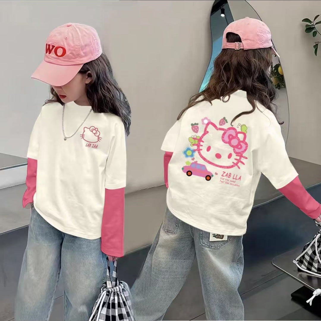 CE25091904純棉女孩拼色可愛長袖T恤秋季網紅潮流卡通動漫燈光打底上衣