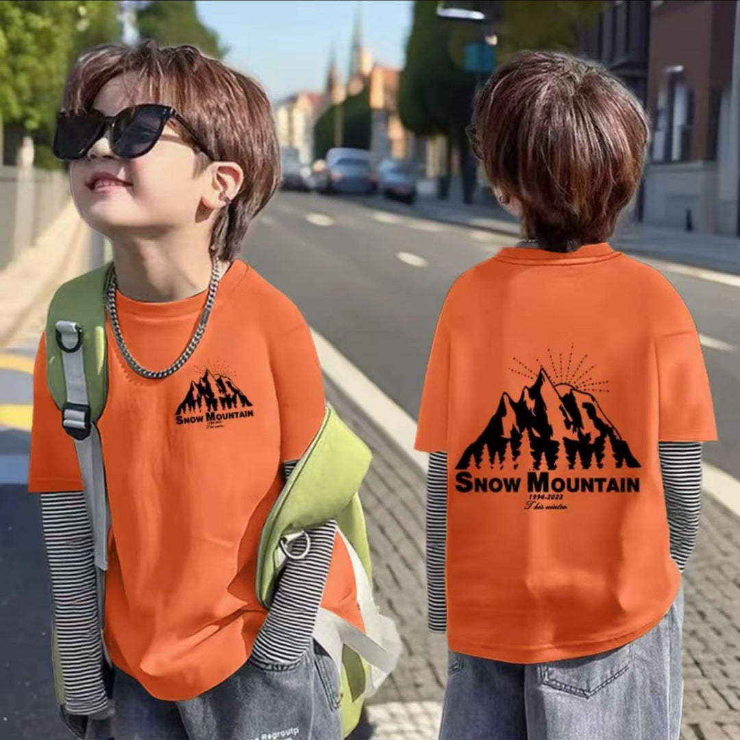 CE25091905男童春秋韓版裁切假兩件長袖T恤男孩休閒極簡風韓系純棉打底上衣T