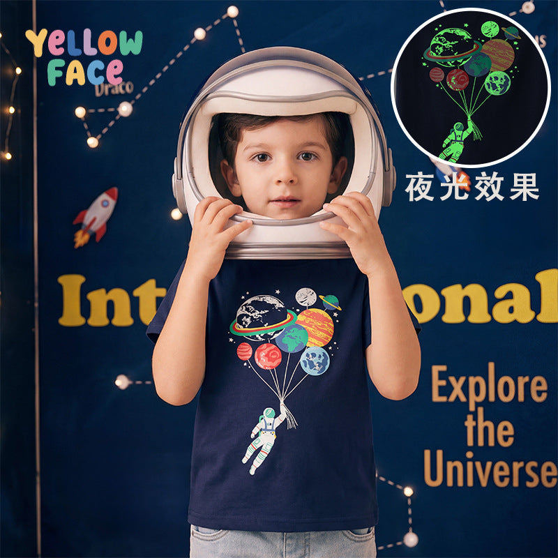 CL26061702夏日時尚男童短袖T恤歐美太空夜光印花兒童圓領T恤跨國貨源童裝