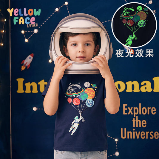 CL26061702夏日時尚男童短袖T恤歐美太空夜光印花兒童圓領T恤跨國貨源童裝