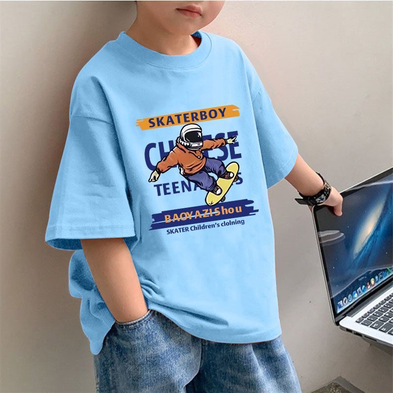 CE26022611夏季男童時裝純棉韓版潮流T恤帥氣時尚純色圓領短袖上衣