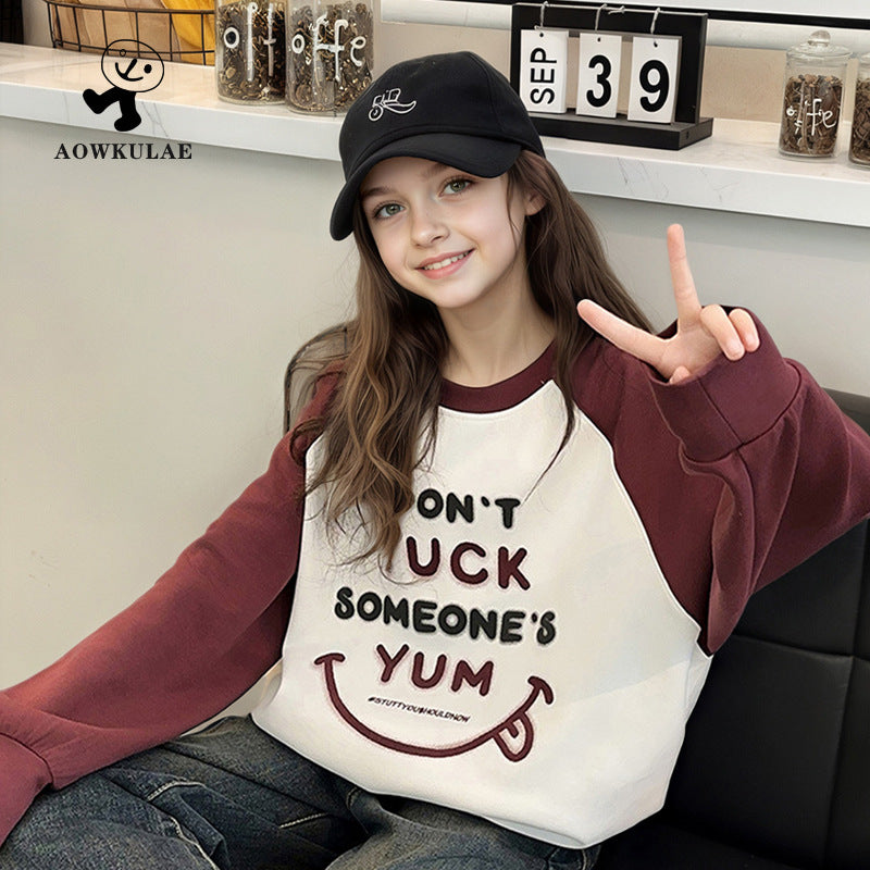 FI25101408女童秋季韓版新款百搭長袖衛衣中大童寬鬆撞色上衣兒童衛衣批發