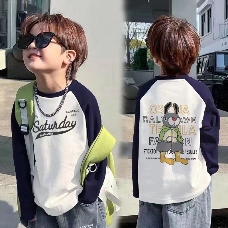 CE25091907純棉兒童長袖T恤春秋新款男童卡通插肩袖上衣中小童寶寶打底衫