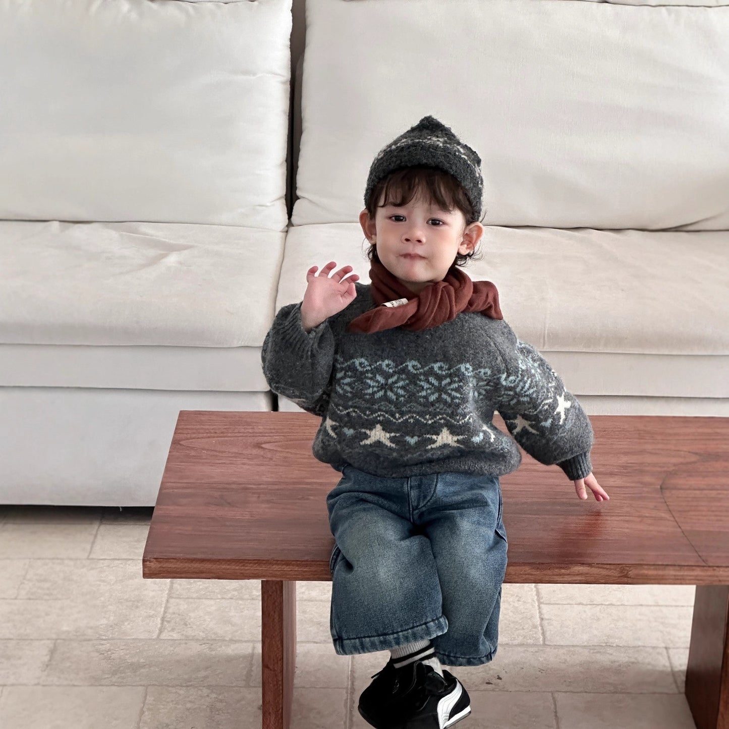 GN26012722兒童服飾冬季2025新款韓版童裝寶寶針織毛衣冬款男童加絨牛仔套裝