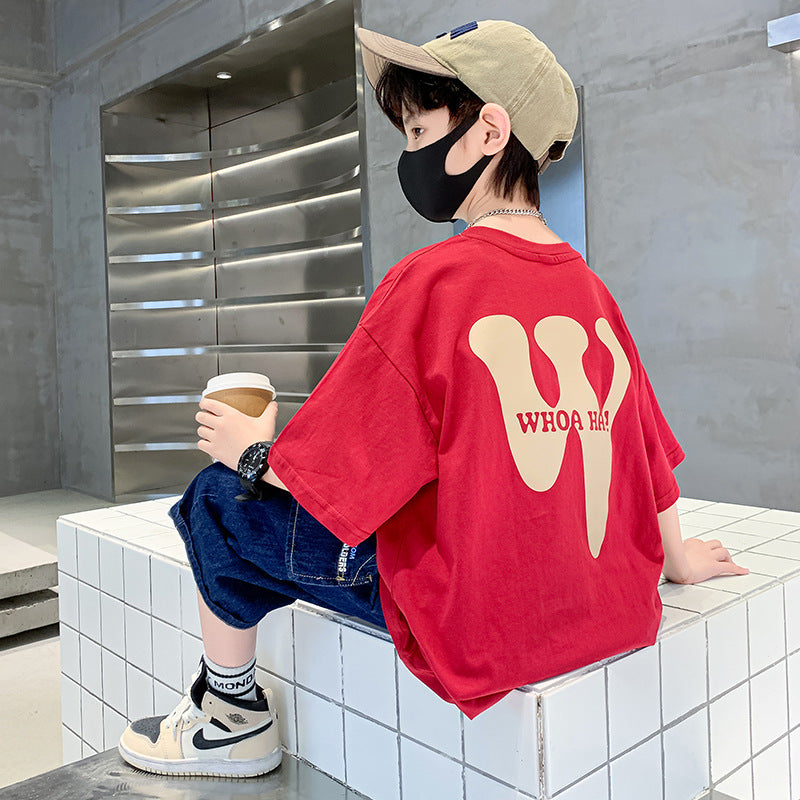 Z25030413男童短袖純棉t恤新款夏季字母洋氣寬鬆半袖t韓版男孩上衣兒童裝