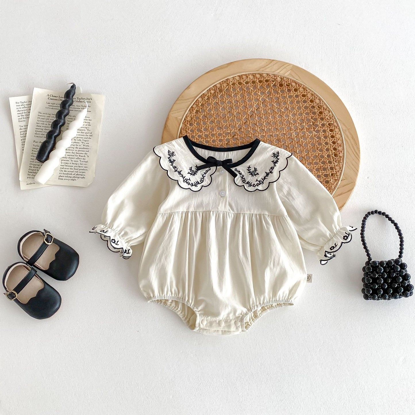 G25092507新款INS新款女寶寶秋季衣洋氣繡花翻領長袖包屁衣嬰兒薄款連體