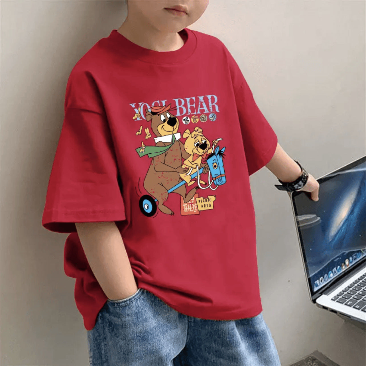 CE26022613兒童洋氣短袖T恤打底衫夏季時尚韓版男童純棉紅色半袖百搭中大童