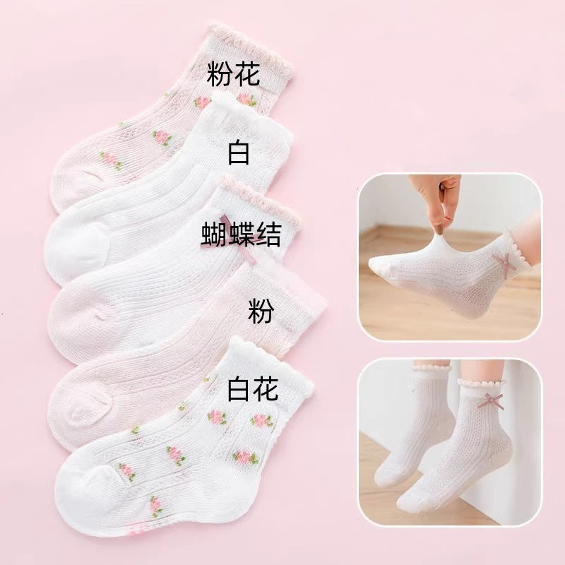 SB26080706秋季薄款薄款網眼襪公主冰絲襪兒童蝴蝶結寶寶粉紅襪子(一組5雙)