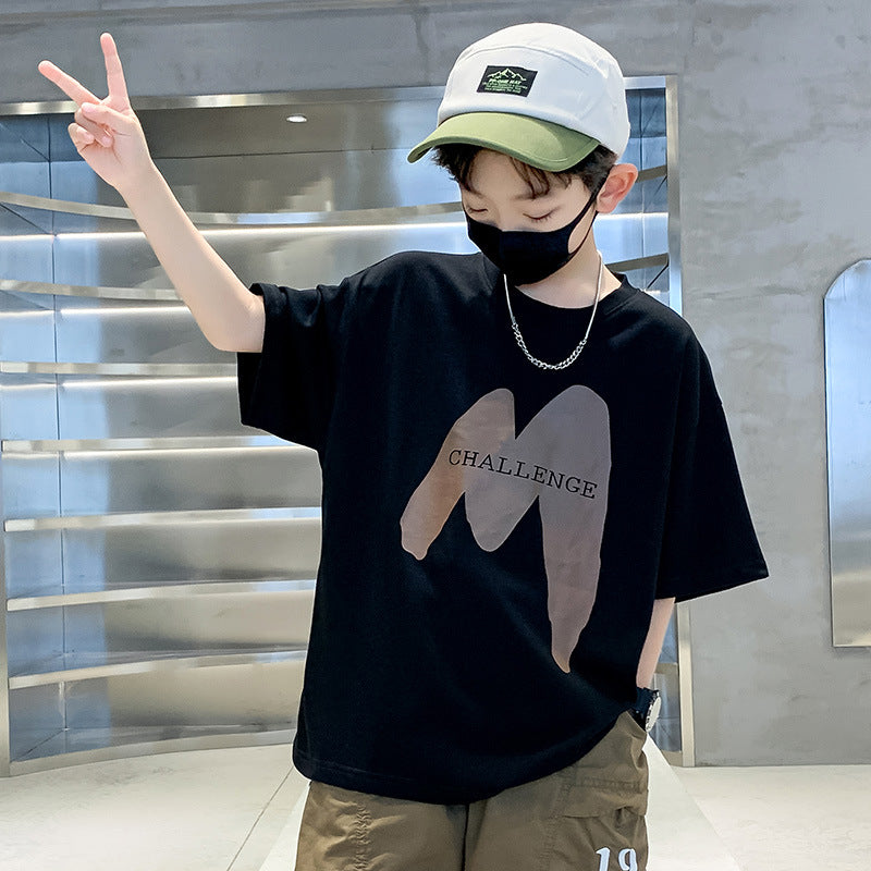 Z25030414男童短袖純棉t恤童趣酷帥新款兒童t卹字母寬鬆圓領上衣夏季童裝