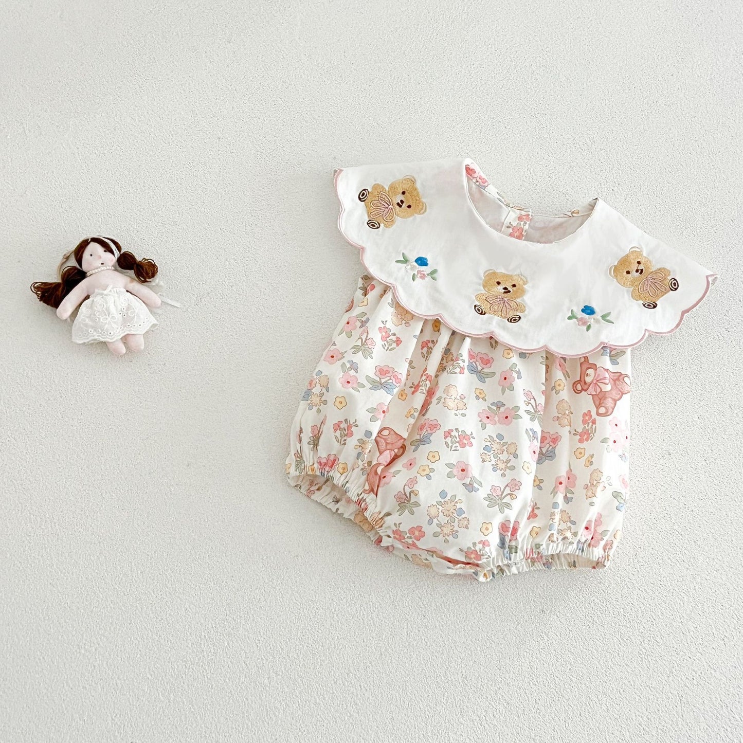 GF26043014 ins女童寶寶小熊印花幼童翻領連身衣嬰幼兒夏季輕便百搭短袖哈衣