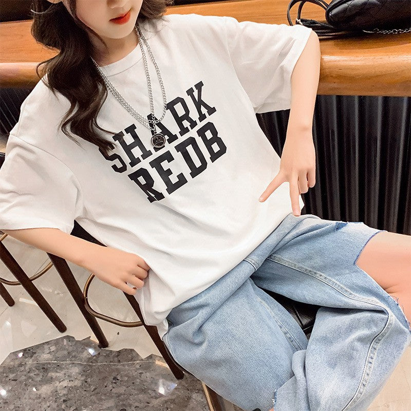 Z25030425多款選配 棉質休閒兒童t恤夏季女童白色短袖打底衫中大童上衣童裝