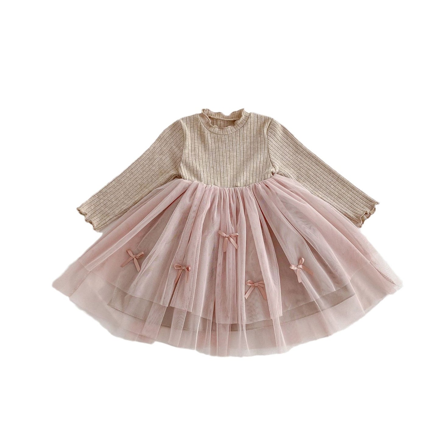 G25092515秋季女童裙女寶寶時尚純色螺紋木耳邊拼接洋裝歲裙