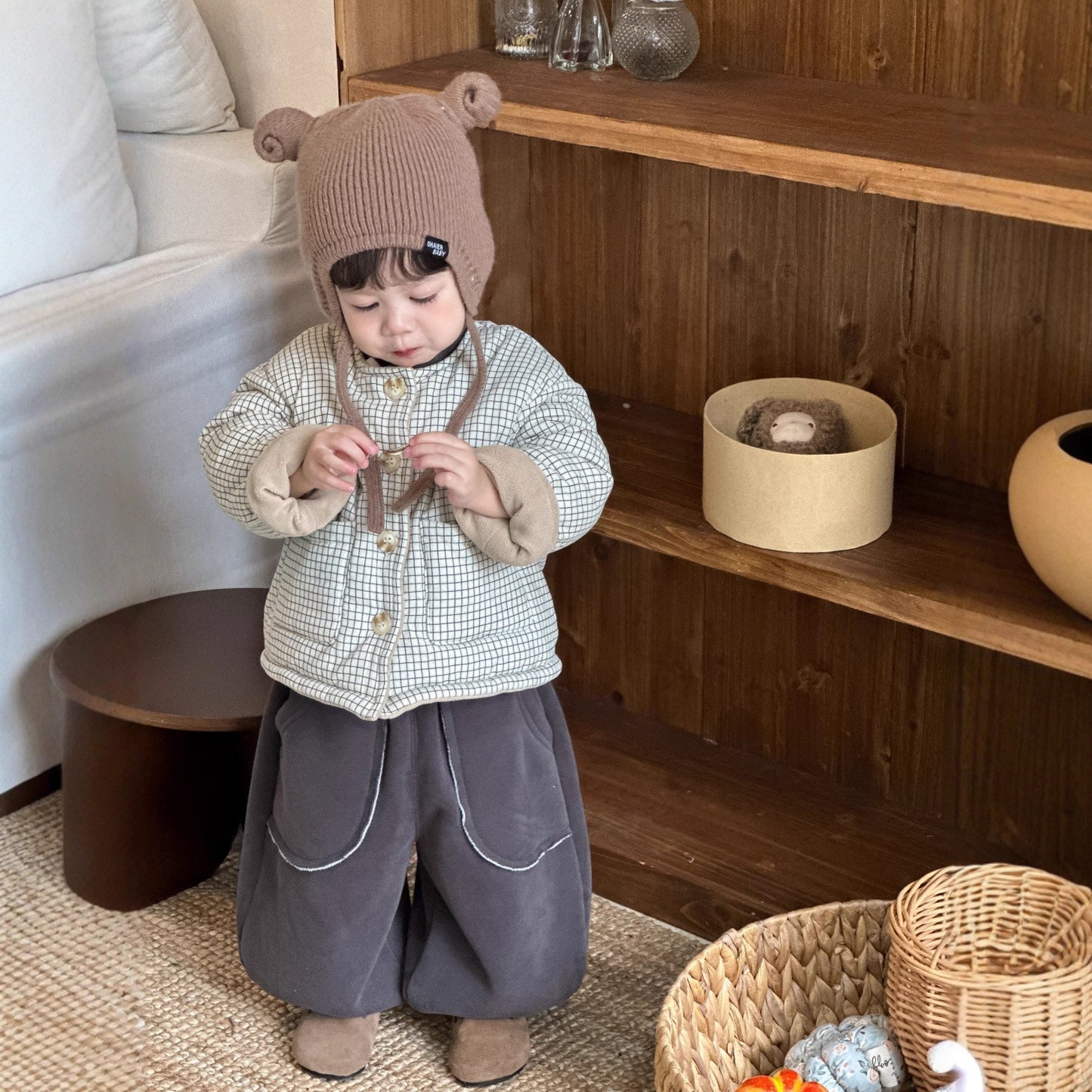 GN26012719兒童加厚格子棉裙2025秋冬新款小寶寶衣服韓版童裝男童加絨套裝