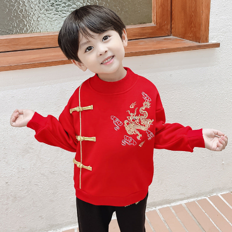 Z26010250男童加絨中國風衛衣套裝秋冬兒童唐裝表演服兄妹裝漢服拜年服