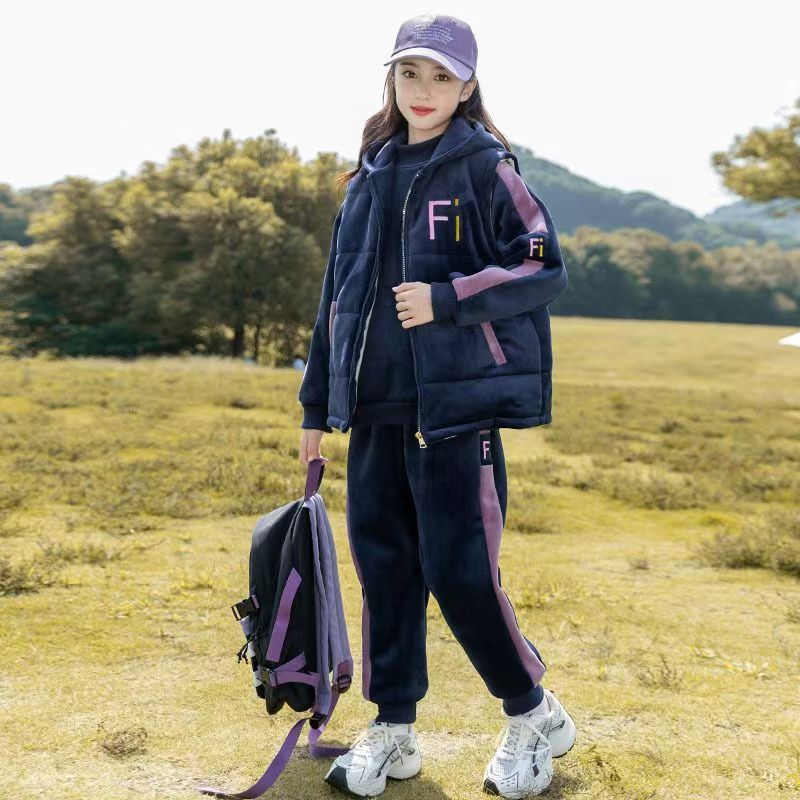 FG25112010女童加絨衛衣套裝秋冬裝時尚洋氣大童兒童冬季加厚三件式運動套