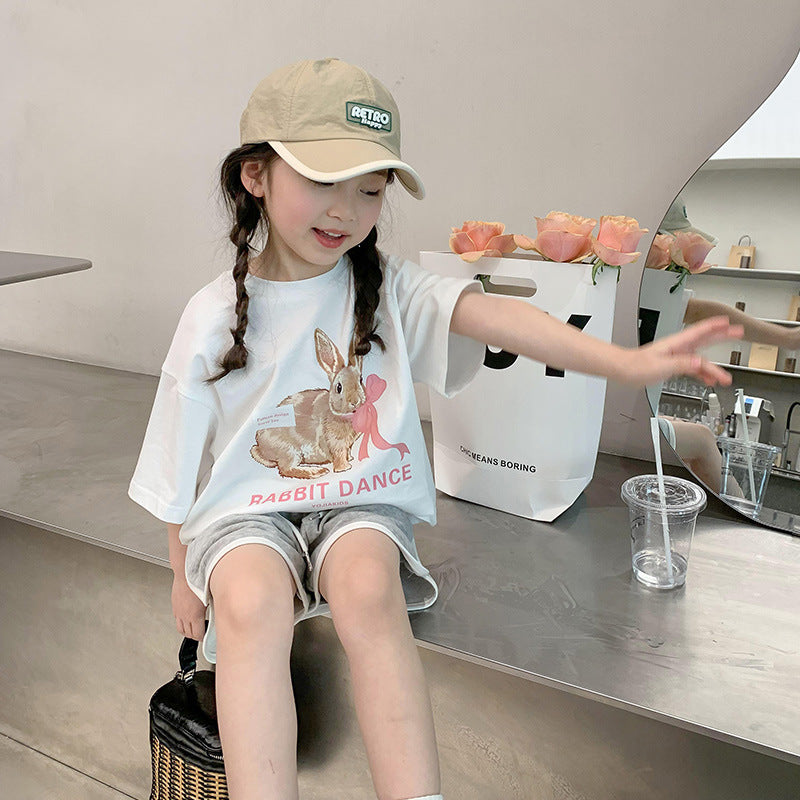 Z25030427女童夏裝短袖t恤純棉新款圓領樣衣寶寶半袖T恤寬鬆兒童上衣INS潮