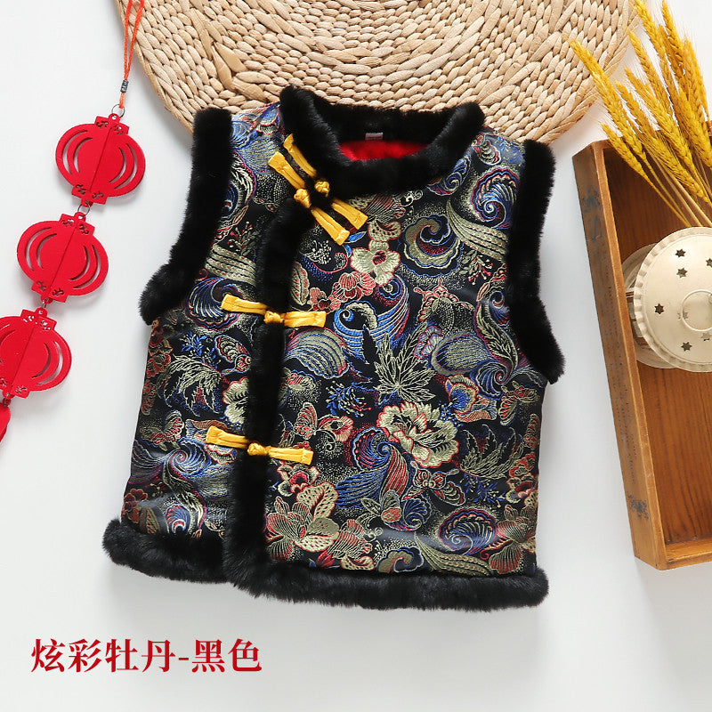 Z26010251中式年服兒童馬甲男女童加絨加厚背心喜慶新年裝唐裝