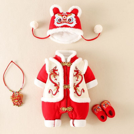 GM26010105嬰幼兒拜年服棉服連身衣服男寶寶百天過年哈衣冬季加厚戶外爬服