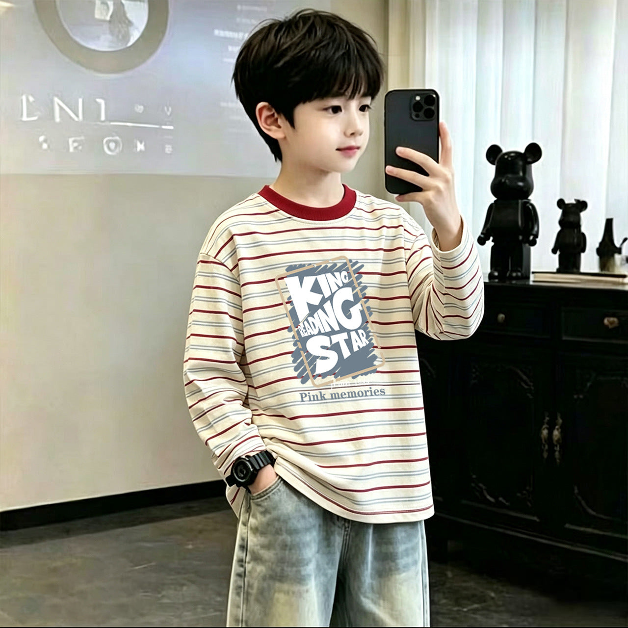 CE26090501男童條紋T恤新款純棉童裝中大中大童春秋季長袖打底男孩兒童上衣