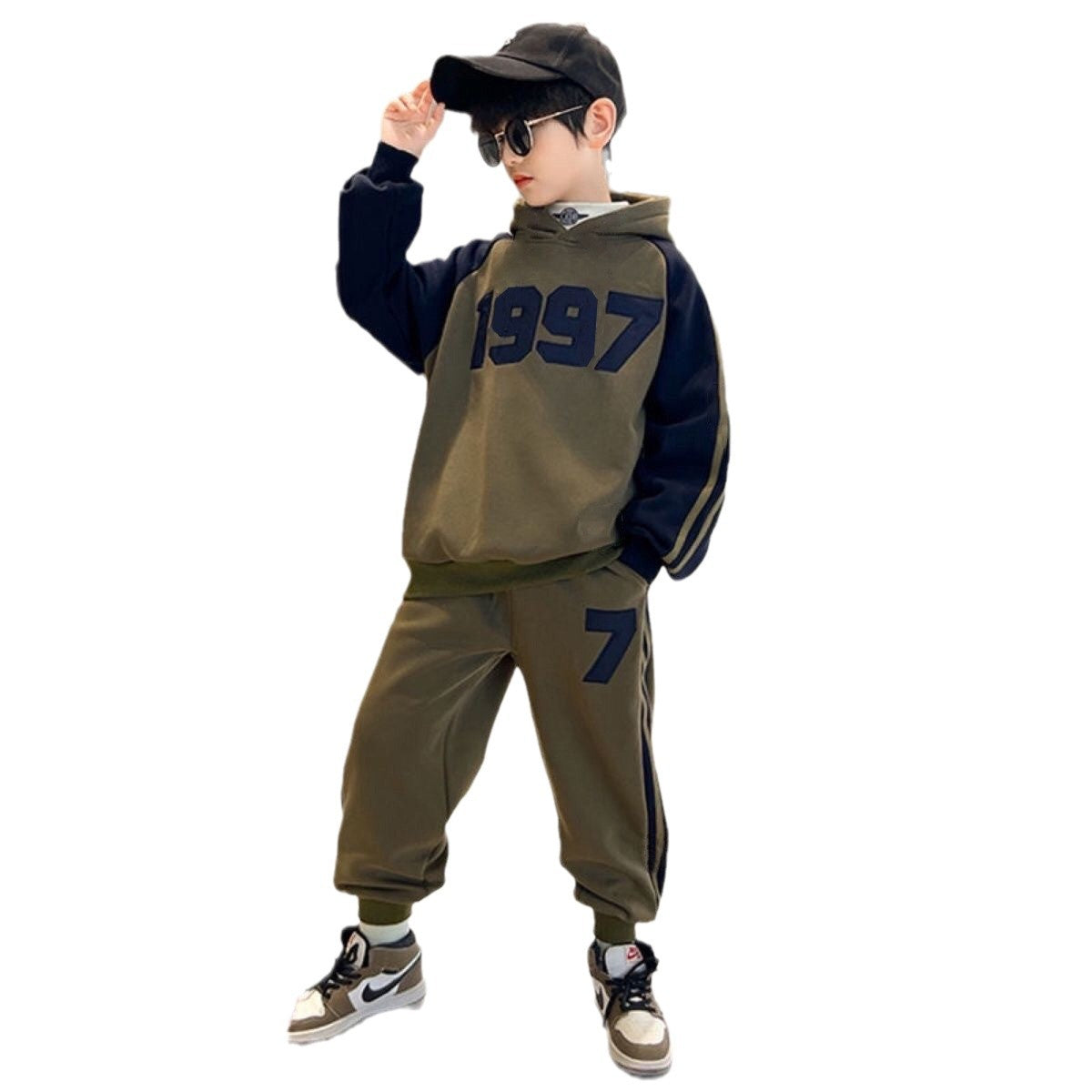 FG25112018秋冬兒童加絨加厚運動套裝中大童時尚潮範連帽衛衣衛褲休閒兩件套