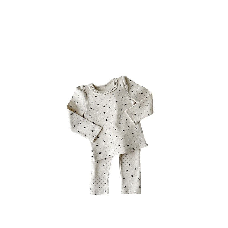 GB25111314韓版嬰幼童棉印花彈性居家服套裝新生兒潮搭可愛蕾絲套裝舒適潮