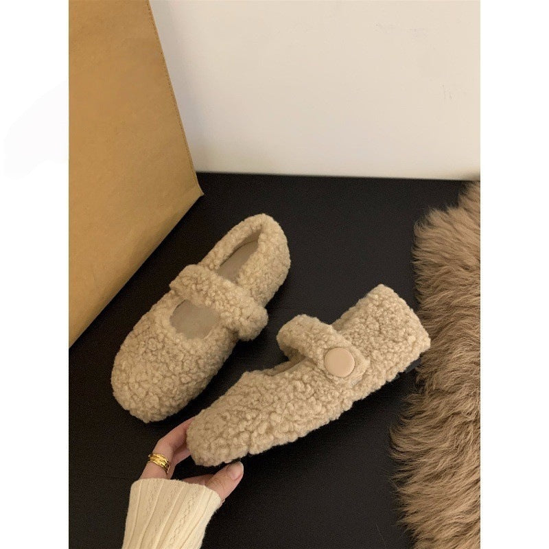 Z26010120平底百搭瑪莉珍毛毛鞋女鞋外穿2025新款秋季冬季加絨棉鞋單鞋