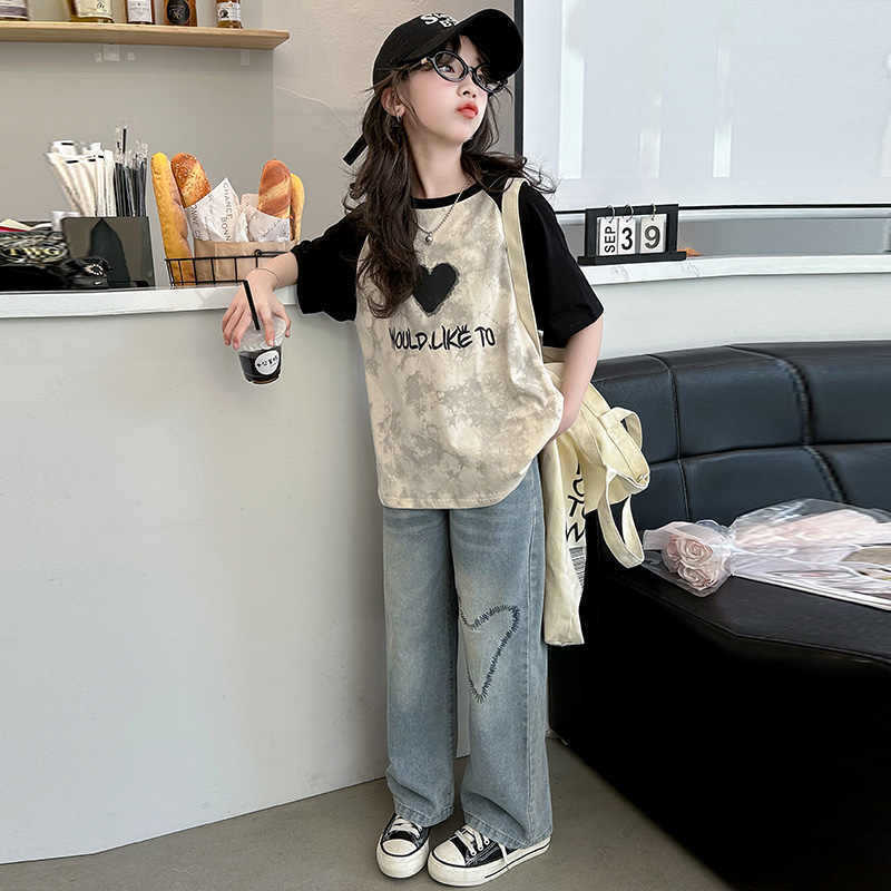 FO26062607童短袖T恤棉質夏裝學生印花紮染洋氣女孩中大童半袖上衣夏季潮中大童半袖上衣夏季潮