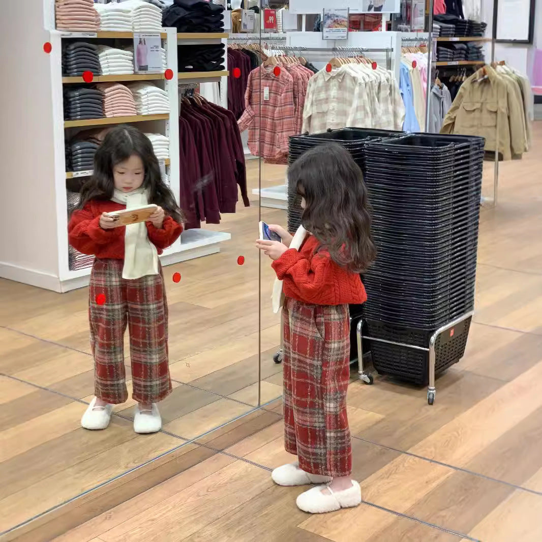 CG25103007女童秋冬款喜慶紅色節日毛衣+紅格加厚奧利絨內裡毛衣褲