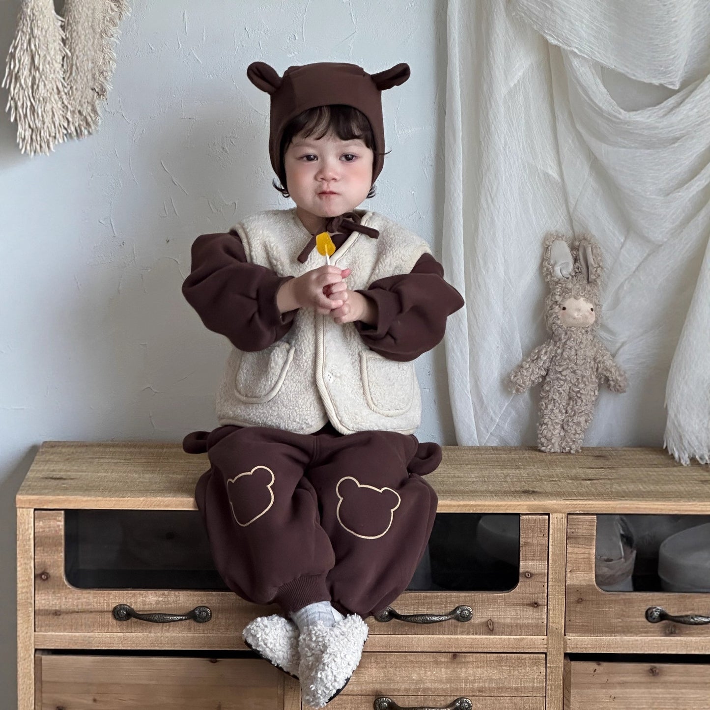 GN26012720兒童服飾2025秋冬新寶寶毛絨馬甲裙韓版童裝男童加厚衛衣套裝