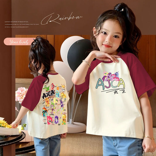 CE26022603女童純棉插肩拼色圓領短袖短袖季時尚中大童休閒百搭半袖上衣