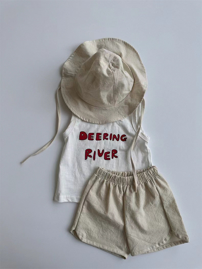 GB23080315韓版ins童裝小童兒童無袖+短褲英文字母清涼套裝簡約百搭休閒風