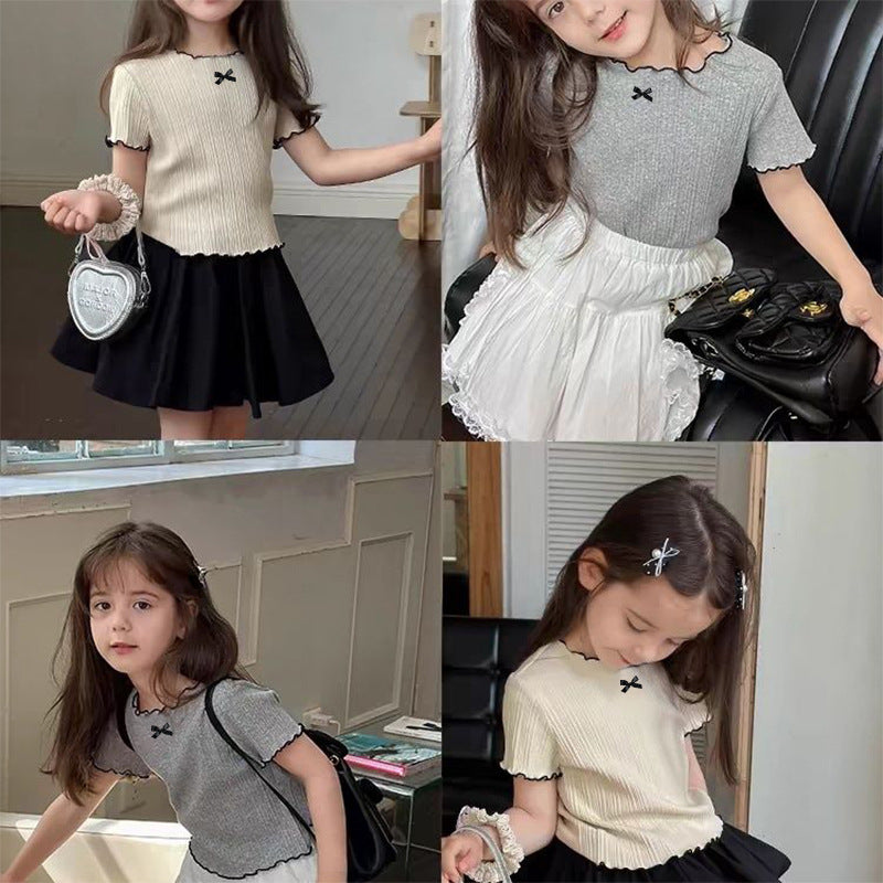 Z25030904女童韓版木耳邊短袖夏裝新款洋氣冰絲上衣涼感蝴蝶結百搭上衣T恤
