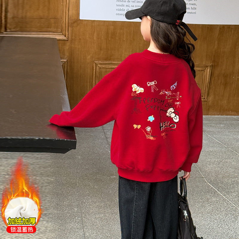 Z25010136女童冬装加绒红色喜庆卫衣2025新款中大童新年服本命年宽松上衣潮