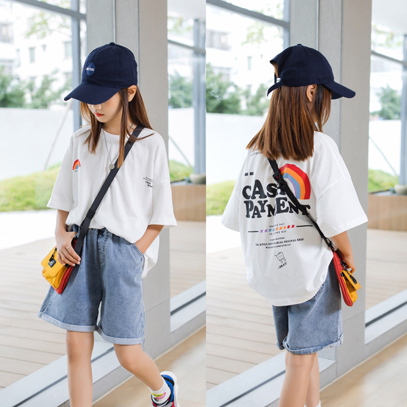 Z25030429女童短袖t恤夏季新款前後印花兒童裝半袖上衣中大童女孩夏裝