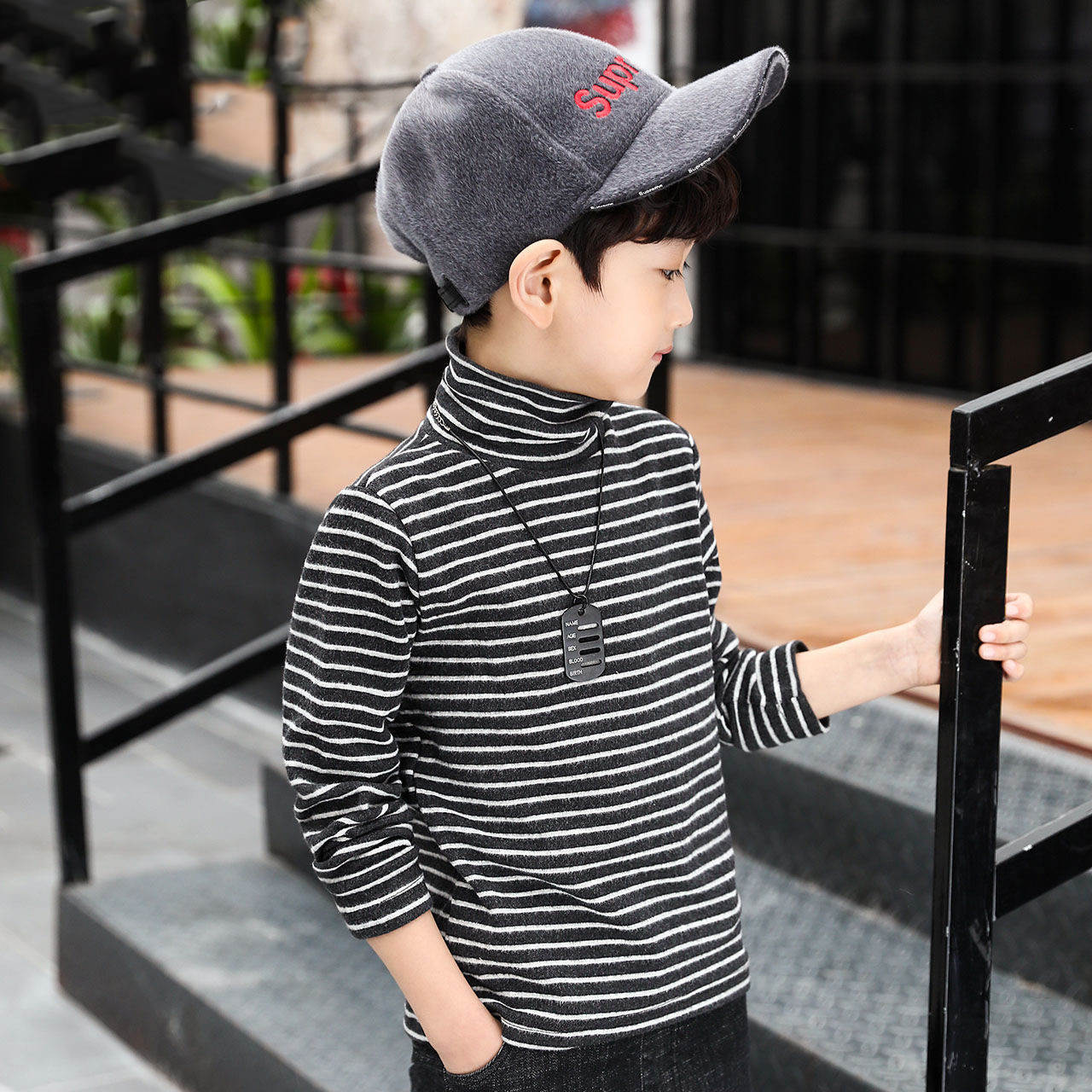 FG25112020童裝男童條紋春秋新款打底衫秋冬中半高領全身加絨T卹保暖上衣