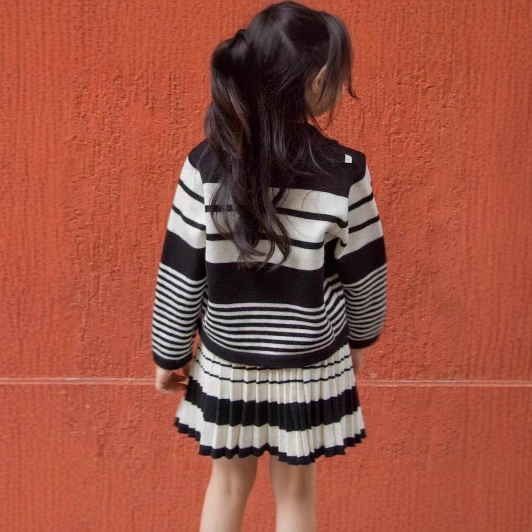 CF25091918女童半身裙套裝-柔軟學院百褶裙兩件春秋上衣外搭針織衫洋氣